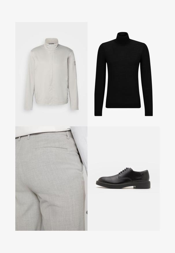 Light gray, long-sleeve jacket with high collar, smooth texture, front closure, and subtle branding on sleeve. Minimalist design.; Black turtleneck sweater made of soft material, featuring long sleeves and a snug fit. Ribbed trim at the hem and cuffs. Simple design.; Light gray tailored trousers made of textured fabric, featuring a single back pocket and clean stitching.; Black leather lace-up shoe with a rounded toe, smooth texture, minimal stitching, and a low rubber heel. Logo on the heel.