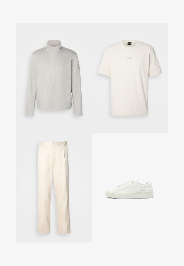 Jasnoszary, długi rękaw, kurtka z wysokim kołnierzem, gładka tekstura, zapięcie z przodu i subtelne logo na rękawie. Minimalistyczny design.; BOSS - T-shirt basic; Beżowe bawełniane spodnie o prostym kroju nogawki, z zapięciem na guziki i plisami z przodu dla dodatkowego zdobienia.; Białe skórzane sneakersy z fakturowaną cholewką, okrągłym czubkiem, minimalistycznym designem i gumową podeszwą z przeszyciami.