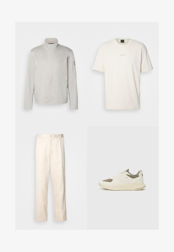 Ανοιχτό γκρι μπουφάν με μακριά μανίκια και ψηλό γιακά, λεία υφή, μπροστινό κλείσιμο και διακριτική σήμανση στους μανίκες. Μινιμαλιστικός σχεδιασμός.; BOSS TEE - Βασικό μπλουζάκι - open white; Μπεζ βαμβακερό παντελόνι με ίσια γραμμή, διαθέτει κουμπί κλεισίματος και πτυχές στο μπροστινό μέρος για επιπλέον λεπτομέρεια.; Λευκό και ανοιχτό μπεζ αθλητικό παπούτσι, με επάνω μέρος από διχτυωτό υλικό, διακοσμήσεις με περφορέ και υφή στην ενδιάμεση σόλα με επωνυμία στη φτέρνα.