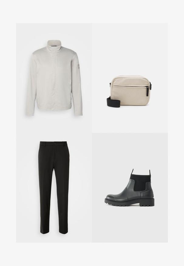 Chaqueta de manga larga gris claro con cuello alto, textura suave, cierre frontal y un sutil logo en la manga. Diseño minimalista.; Camisa polo negra de algodón, con un ligero estiramiento, con un color blanco en el cuello y los ribetes de las mangas, y un pequeño logo en el pecho.; Pantalones negros hechos de una tela suave, con piernas rectas, cierre de botón y un diseño clásico adecuado para ocasiones formales o informales.; Botas de tobillo negras de goma con acabado mate, que presentan un diseño elegante, paneles elásticos y una suela gruesa para mayor tracción.; Bolso bandolera de pana color crema con cremallera negra, correa desmontable y patrón texturizado. Cuenta con un compartimento principal y un bolsillo frontal.