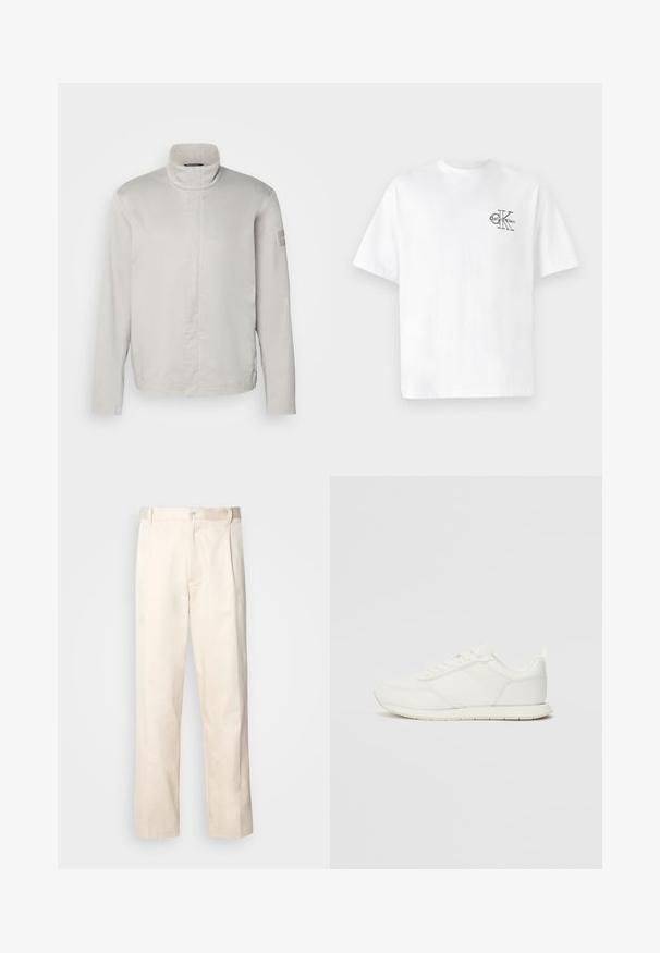 Casaco de mangas longas, cinza claro, com gola alta, textura suave, fecho frontal e uma marcação discreta na manga. Design minimalista.; T-shirt de algodão branco com mangas curtas, gola redonda, apresentando um logo CK preto na área do peito esquerdo, ajuste padrão, textura suave.; Calças de algodão bege com corte reto, apresentando um fecho de botão e pregas na frente para um detalhe adicional.; Sapatilha branca com parte superior em malha e sintético, bico arredondado, atacadores planos e uma faixa lateral texturizada. Sola em borracha com uma alça na parte de trás.