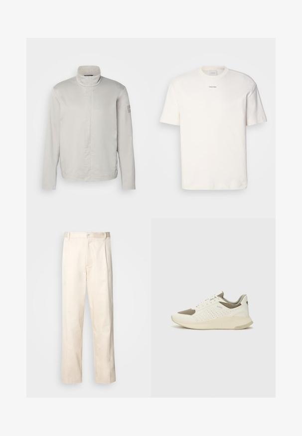 Šviesiai pilkas, ilgomis rankovėmis švarkas su aukšta apykakle, lygia tekstūra, priekinis uždarymas ir subtilus logotipas ant rankovės. Minimalistinis dizainas.; Balta medvilninė marškinėlių suapvalintu kaklu, trumpomis rankovėmis ir siuvinėtu "Calvin Klein" logotipu krūtinės centre. Paprastas dizainas.; Bežinės medvilninės kelnės su tiesiu kirpimu, turinčios mygtuko uždarymą ir priekyje raukšles papildomai dekoratyviam akcentui.; Baltas ir šviesiai bežinis sportinis kedas, su tinklo viršumi, perforuotais detalėmis ir tekstūruotu tarpine su logotipu ant kulno.
