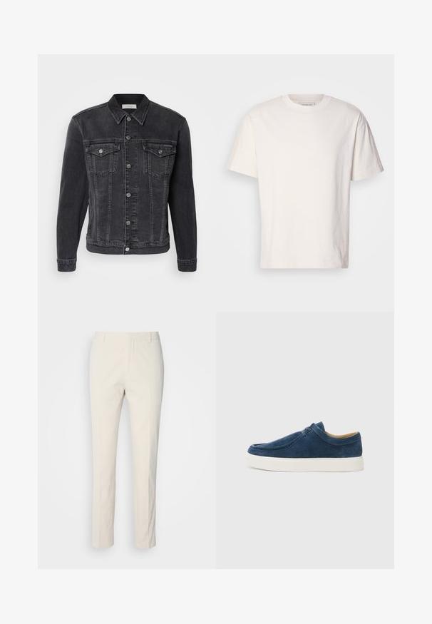 Denim jakna v temno sivi barvi, z naramnicami, dvema sprednjima žepekoma, srebrnimi kovinskimi gumbi in vidnimi šivi.; Kremna bombažna majica s kratkimi rokavi in krožnim izrezom. Ohlapen kroj. Na izrezu se nahaja majhna oznaka. Gladka textura.; Hlače kremaste barve, prirejene po meri, z teksturirano tkanino. Imajo ravno obliko, zanke za pas in dva sprednja žepa. Brez vzorcev.; Mornarsko modre alkantarske slip-on čevlje z belo gumijasto podplato, ki imajo šivane detajle in zasnovo zaokrožene toe. Splošna gladka tekstura.