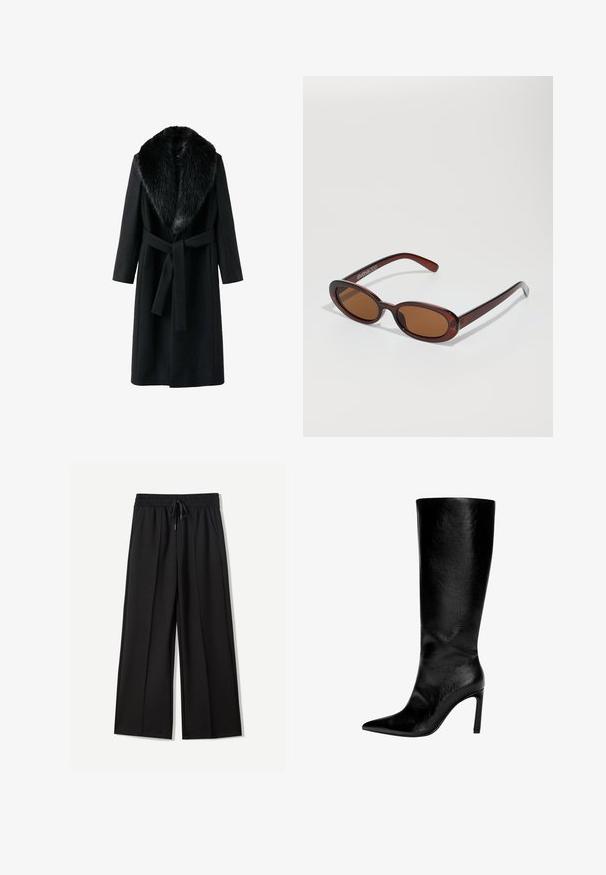 Svart kappa med krage av fuskpäls, långa ärmar, knytbälte i midjan och en slät yta. Minimalistisk design med en klassisk silhuett.; Svart höghalssweater i mjukt stickat material. Har en ribbad nederkant, långa ärmar och en avslappnad passform. Enkel och mångsidig design.; Svarta vida byxor i mjukt tyg. Har ett elastiskt midjeband med dragsko och två sidofickor. Platt framsida med veck.; Knähöga svarta läderstövel med spetsig tå, hög stilettklack, slät yta och en enkel, strömlinjeformad design utan utsmyckningar.; Runda, bruntonade solglasögon med en glansig bordeauxfärgad ram. Smala bågar med subtilt varumärkesdetalj. Platt linsdesign.; Svart läderhandväska med strukturerad form, övre handtag, slät textur, guldfärgad metall och ett framåtvänd spänne. Har varumärkesdetalj vid basen.