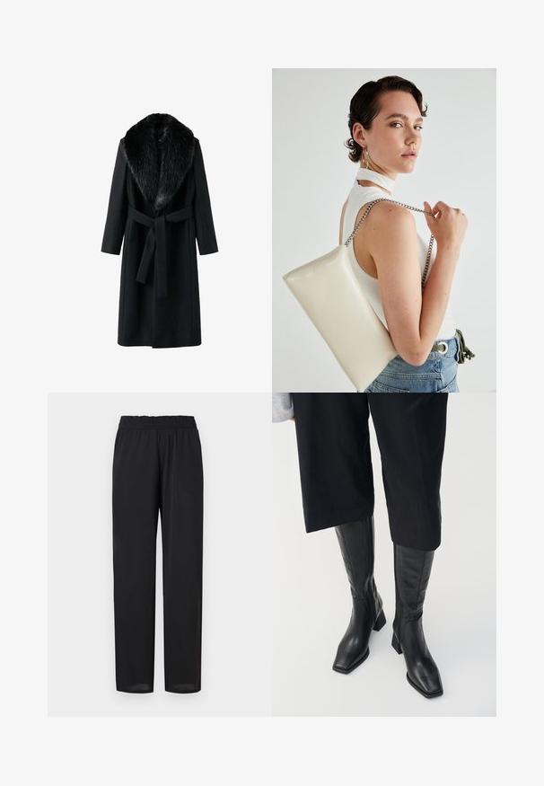 Abrigo negro con cuello de pelaje sintético, mangas largas, cinturón atado en la cintura y una textura suave. Diseño minimalista con una silueta clásica.; Jersey de cuello alto de manga larga negro, confeccionado con una tela suave y elástica; presenta un escote alto y una silueta ajustada. Sin patrones ni detalles.; Pantalones ligeros y negros con un corte holgado, que cuentan con una cintura elástica y una textura suave. Las piernas son rectas y se estrechan ligeramente en el dobladillo.; Botas de cuero negro hasta la rodilla con punta cuadrada y tacón bloque. Cuentan con un cierre de cremallera lateral y una textura suave.; Bolso de mano rectangular blanco, hecho de un material brillante, con una cadena plateada. La modelo posa, mostrando el bolso frente a un fondo liso.