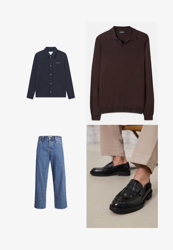 Mørk marineblå jakke laget av glatt stoff; har spiss krage, trykknapper og to sideslommer; logo brodert på venstre bryst.; Dondup REGULAR FIT SHIRT - Strikkegenser - cioccolato; Lyse blå denimjeans med rett ben, høy midje og minimale sømdetaljer. Stoffet har en myk, lett bleket tekstur.; Svarte skinnloafers med glatt overflate, med en dekorativ stropp og kontrastbroderi, sammen med beige bukser.