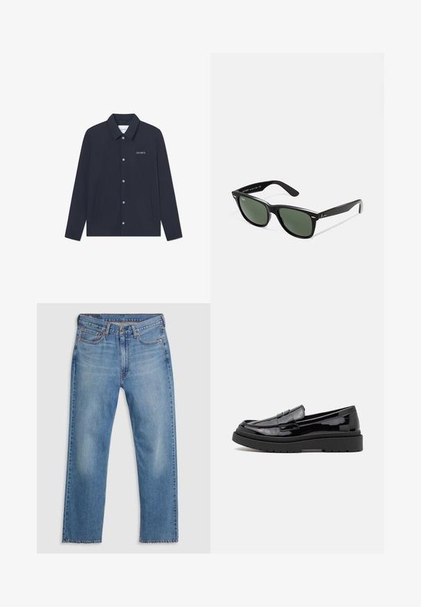 Dark navy jacket made of smooth fabric; features a pointed collar, snap buttons, and two side pockets; logo embroidered on the left chest.; Black turtleneck sweater made of a soft knit material. Features long sleeves, ribbed collar, and hem. Simple, sleek design without patterns.; Blue straight-leg denim jeans with front button and zipper closure, belt loops, and five-pocket design on a white background.; Black patent leather loafers with a rounded toe, a decorative strap, and a thick black rubber sole. Smooth shiny texture with minimal stitching.; Black plastic sunglasses with green lenses, square frames, silver accent on the brow, and textured temple arms. Stated brand on inner arm.