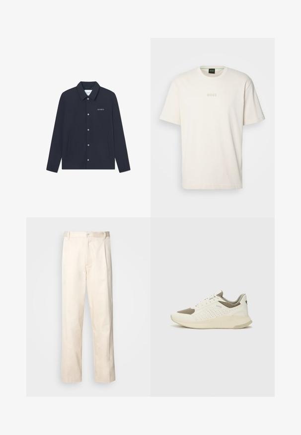 T tumma laivastonsininen takki, joka on valmistettu sileästä kankaasta; siinä on teräväkauluksinen malli, napitus, ja kaksi sivutaskua; logo brodeerattu vasempaan rintaan.; BOSS TEE - T-paita - open white; Vaaleanbeige puuvillahousut, joissa on suora lahje, varustettu nappisulkeisella ja etupuolella olevilla laskoksilla lisäyksinä.; Valkoinen ja vaaleanbeige urheilukengät, joissa on verkkomateriaali yläosa, rei'itettyjä yksityiskohtia ja teksturoitu välipohja, jossa on brändäys kantapäässä.