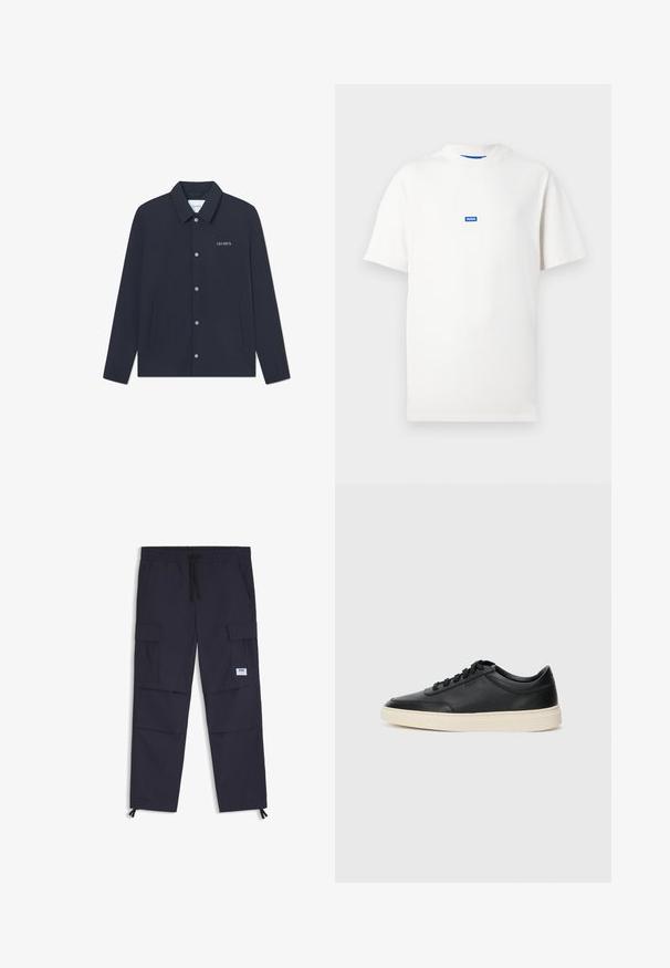 Mörkblå jacka i slät tyg; har spetsig krage, tryckknappar och två sidofickor; logotyp inbroderad på vänster bröst.; Vit T-shirt med korta ärmar och en liten blå rektangulär logotyp med texten "HUGO" centrerad på bröstet, enfärgad bakgrund.; Marinblå cargobyxor tillverkade av ett lättviktigt tyg, med elastisk midja, dragsko, flera fickor och blixtlås vid anklarna.; Svart låg skor i läder med svarta snören och off-white sula, visas i sidoprofil på vit bakgrund.