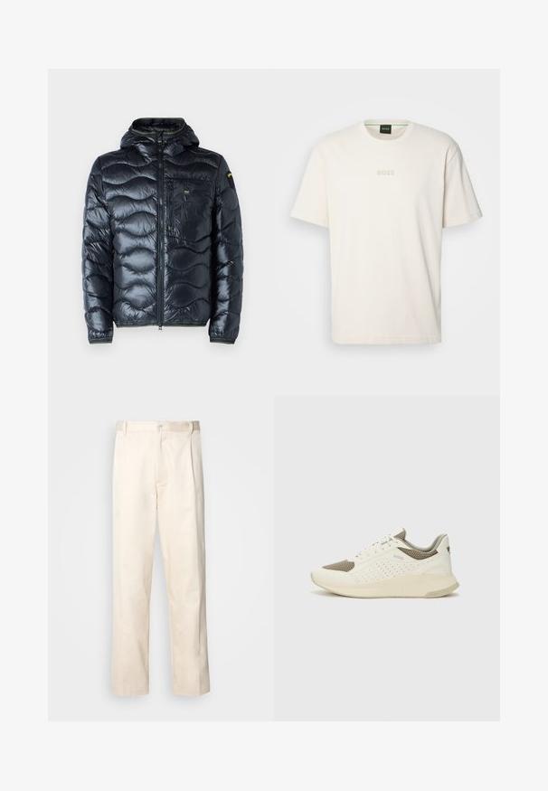 Schwarze gepolsterte Steppjacke mit Kapuze, aus glänzendem Stoff, mit einem Frontreißverschluss und einer Reißverschlusstasche auf der Brust. Akzente in Grün.; BOSS TEE - T-Shirt basic - open white; Beige Baumwollhose mit geradem Bein, ausgestattet mit einem Knopfverschluss und Falten an der Vorderseite für zusätzliche Details.; Weiße und hellbeige Sport Sneakers, ausgestattet mit einem Obermaterial aus Netzgewebe, perforierten Details und einer strukturierten Zwischensohle mit Branding an der Ferse.