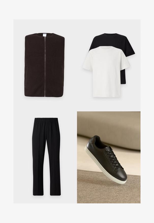 Selected Homme SLHRELAX GILET - Liemenė - chocolate torte; Medvilniniai marškiniai, kuriuos sudaro juodas ir baltas marškinėliai, abu su trumpomis rankovėmis, apvaliu iškirpimu ir standartiniu sijonu. Tekstūruota medžiaga.; Juodos, elastingos juosmens kelnės su tiesiomis kojomis, turinčios lygų paviršių ir be matomų raštų ar detalių.; Juodų odinių sportbačių su baltu guminiu padu ir juodomis raištelėmis nuotrauka, padėta ant šviesiai rudos tekstilės paviršiaus ir fono.