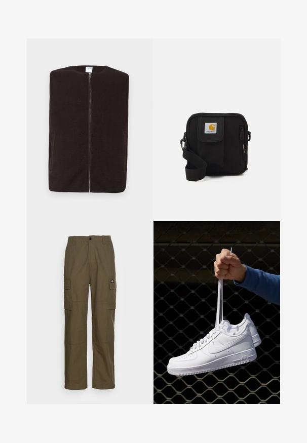 Selected Homme SLHRELAX ciemnobrązowy; Biały, krótki rękaw t-shirt wykonany z bawełny, z okrągłym dekoltem i gładką teksturą, o prostym kroju i bez wzorów.; Spodnie cargo w oliwkowym kolorze, wykonane z trwałego materiału. Posiadają dwie boczne kieszenie, standardowy pas oraz prosty krój nogawek.; Białe skórzane sneakersy z perforacjami, okrągłym noskiem, płaską podeszwą i grubymi sznurówkami, z widocznym logo swoosh i napisem „AIR” na pięcie.; Czarna torba na ramię z zamykaną na zamek główną komorą, przednią kieszenią, regulowanym paskiem oraz widoczną łatką z logo na klapie.