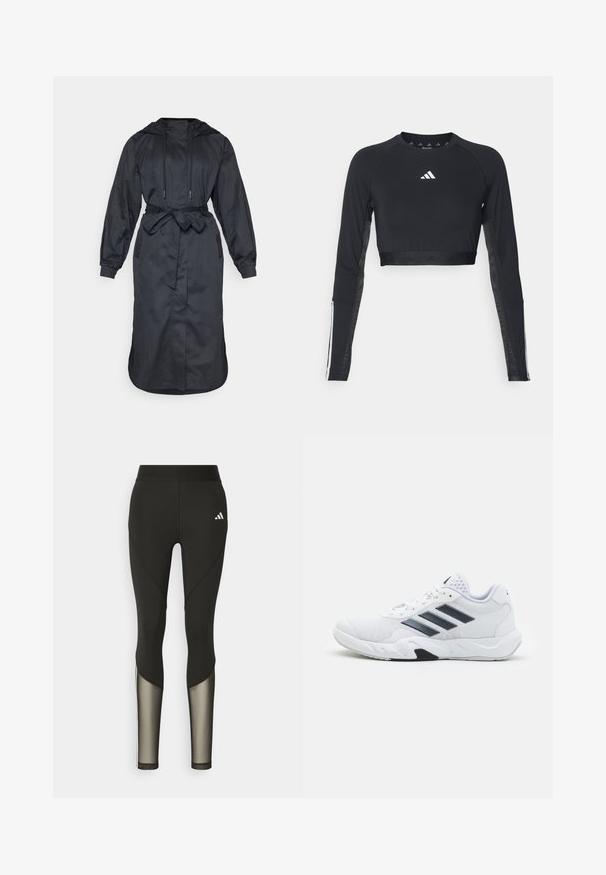 Black hooded raincoat made of lightweight fabric, featuring a belted waist, long sleeves, and side pockets with a smooth texture.; Black cropped long-sleeve workout top made of smooth fabric. Features a white logo on the chest and striped accents on the sleeves.; Black athletic leggings with a high waistband, featuring mesh accents on the lower legs and an embroidered logo on the hip.; White athletic shoe with mesh upper, three black stripes on the side, textured accents, and a sturdy rubber sole with a contrasting black section.