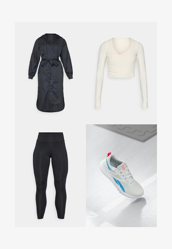 Black hooded raincoat made of lightweight fabric, featuring a belted waist, long sleeves, and side pockets with a smooth texture.; Long-sleeve, cream-colored crop top with a v-neck and gathered side detail, made from stretchy fabric for a fitted look.; Black high-waist full-length leggings with smooth fabric and visible seam details on the front and waistband.; White and blue Reebok sneaker with red pull tab floating above a shiny floor with a gray rubber mat nearby.