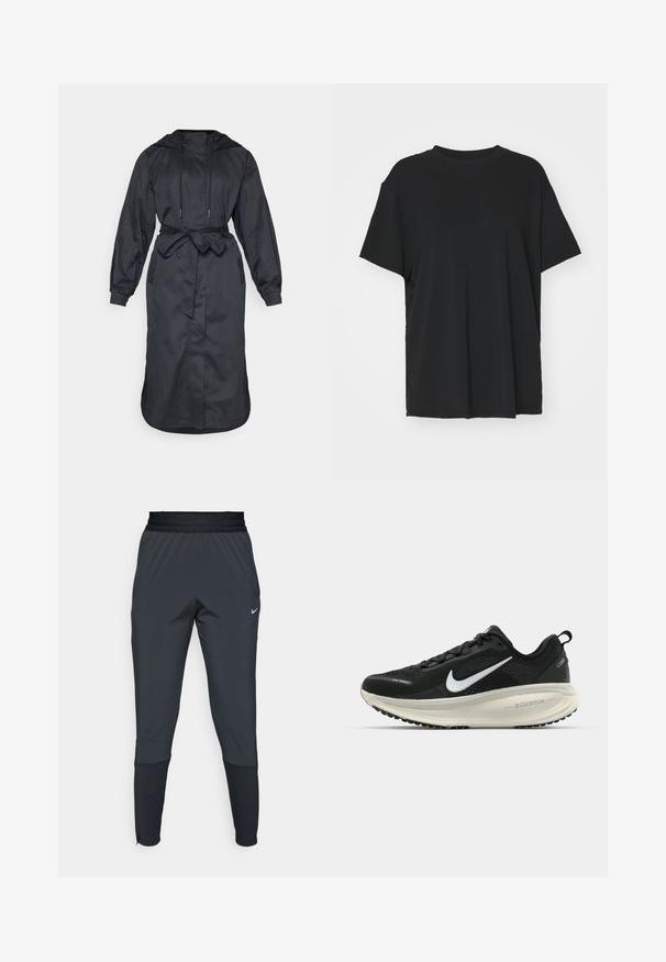 Zwarte regenjas met capuchon, gemaakt van lichtgewicht stof, met een ceintuur in de taille, lange mouwen en zijzakken met een zachte textuur.; Zwarte korte mouwen t-shirt van soepel stof, met een ronde hals en een losse pasvorm. Heeft zij-splitten voor extra comfort en ademend vermogen.; Nike sportieve broek in donkergrijs, met een tapered leg ontwerp, elastische tailleband en accentdetails bij de boorden.; Zwarte Nike hardloopschoen met ademend mesh bovenwerk, witte swoosh-logo, gestructureerde details en een crèmekleurige ZoomX middenzool.