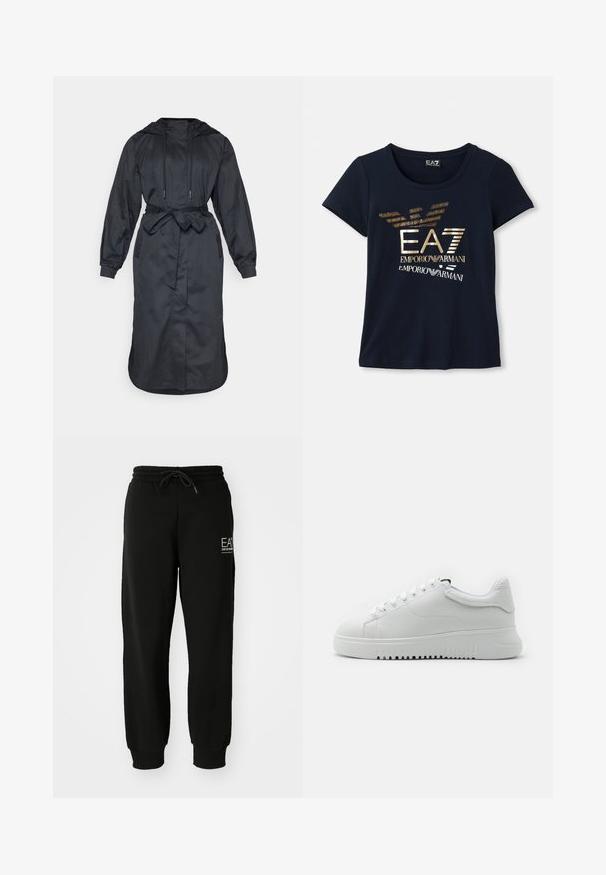 Juodas gobtuvėlis lietpaltis, pagamintas iš lengvos medžiagos, su diržu liemens, ilgomis rankovėmis ir šoninėmis kišenėmis su lygiu paviršiumi.; Tamsiai mėlynas trumpas rankovės marškinėliai, pagaminti iš medvilnės, su metalizuoto aukso grafiniu logotipu, kuriame yra tekstas ir stilizuoti erelio sparnų akcentai.; Juodos sportinės kelnės, pagamintos iš minkštos medvilnės mišinio, su elastinga juosta, raišteliu ir siaurais kulkšniais. Įtrauktas priekinis logotipo akcentas.; Balti sportbačiai su tekstūruota odine viršūne, apvaliu pirštu ir raištelių dizainu. Storas baltas guminis padas su tekstūruota sukibimo raštu.