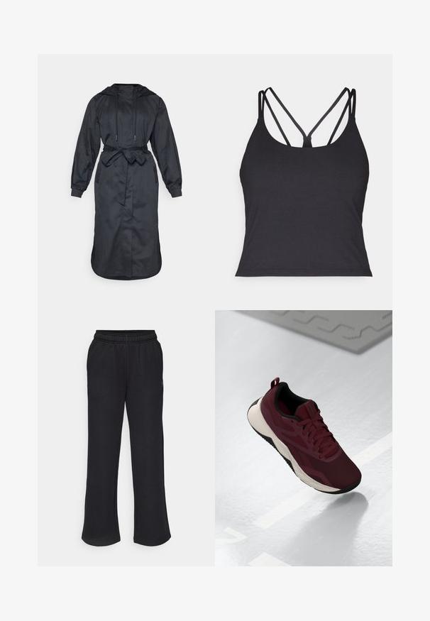 Sort hætte-regnfrakke lavet af letvægtsstof, med bæltestrop i taljen, lange ærmer og sidelommer med en glat overflade.; Sort top med tynde stropper og krydset design på ryggen. Lavet af blødt, strækbart materiale med en tætsiddende silhuet.; Sorte sweatpants med en flagrende pasform, elastisk talje og sidelommer. Lavet af blødt stof uden synlige mønstre eller accenter.; Bordeaux atletiske sko med mesh-overdel, sorte accents og en polstret hvid sål. Har snørebåndslukning og en løkke ved hælen.