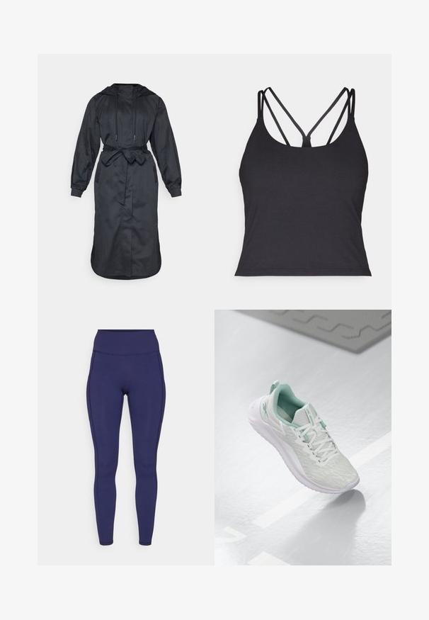 Black hooded raincoat made of lightweight fabric, featuring a belted waist, long sleeves, and side pockets with a smooth texture.; Black tank top featuring thin straps with a crisscross design at the back. Made from soft, stretchy material with a fitted silhouette.; Navy high-waisted leggings made of stretchy fabric. Features flat seams and a close fit, with two side pockets for storage.; Light gray athletic shoe with a textured knit upper, mint green accents, white laces, rubber sole, and pull tab at the heel.