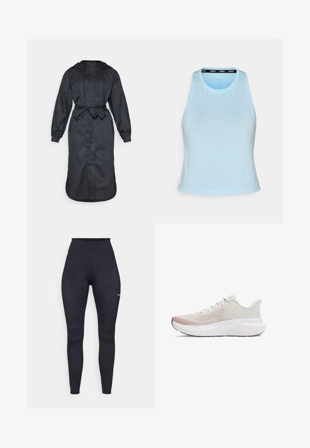 Svart huvad regnjacka av lättviktsmaterial, med bälte i midjan, långa ärmar och sidofickor med en slät textur.; Ljusblå atletisk linne med rund halsringning, ärmlös design och ett svart märkesband längs kragen. Slät yta.; Högmidjade svarta tights i stretchmaterial, med en mjuk textur och en liten logotyp på underbenet. Kroppsnära design.; Lätta atletiska skor med en andningsbar vit mesh-ovandel, gradientrosa detaljer och en tjock vit sula med strukturell dekoration.