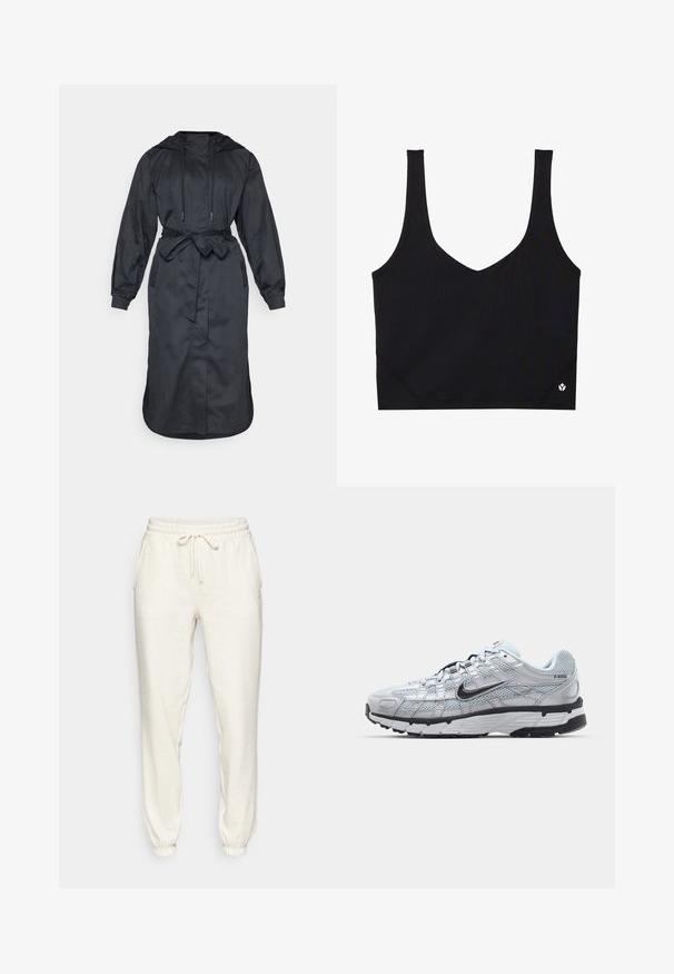 Schwarzer, gepolsterter Regenmantel aus leichtem Stoff, mit einem taillierten Gürtel, langen Ärmeln und seitlichen Taschen mit glatter Textur.; Schwarzer Sport-BH mit breiten Trägern, einem V-Ausschnitt-Design, strukturiertem Stoff und Logodetail am Saum. Glatte Oberfläche, minimalistischer Stil.; Helle beige Sweatpants aus weichem Stoff, mit einem elastischen Bund und Kordelzug, seitlichen Taschen und Bündchen an den Knöcheln.; Nike P-6000 Sneakers mit einem Obermaterial aus leichtem grauem Mesh, schwarzen Akzenten und einer langlebigen schwarzen Gummisohle. Verfügt über ein komplexes Design und ein Schnürsystem.