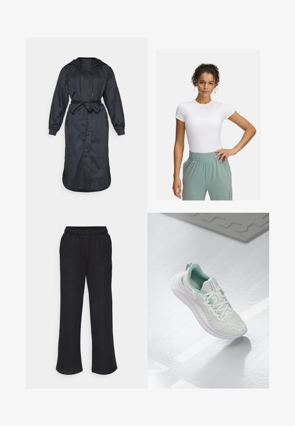 Melnā kapuce lietusmētelis, izgatavots no viegla auduma, ar jostas siksnu vidukļa daļā, garām piedurknēm un sānu kabatām ar gludu virsmu.; Balta pieguļoša T-kreklā ar īsām piedurknēm, kombinēta ar gaiši zaļām elastīgām biksēm. Gluda tekstūra, minimālisma dizains, bez redzamām rakstainām detaļām.; Melnas sporta bikses ar paplašinātu formu, elastīgu jostasvītru un sānu kabatām. Izgatavotas no mīksta auduma bez redzamām rakstām vai akcentiem.; Gaišpelēka sporta apava ar teksturētu trikotāžas augšu, mentolzaļiem akcentiem, baltām šņorēm, gumijas zoli un cilpu uz papēža.