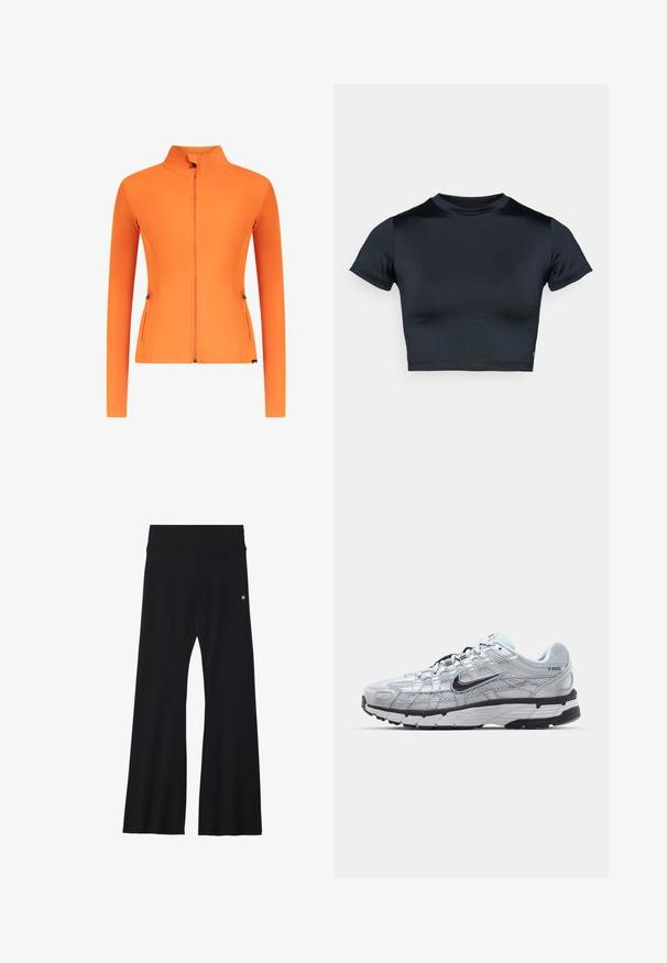 Orange zip-up jacket, made of smooth, stretchy material. Features a high collar, long sleeves, and two side zip pockets.; Short-sleeve cropped top in dark navy, made of smooth, stretch fabric. Features a round neckline and minimal stitching details. No logos visible.; Black flared pants made from stretchy material, featuring a wide waistband and a small logo on the hip. Smooth texture and full-length design.; Nike P-6000 sneakers with a light grey mesh upper, black accents, and a durable black rubber sole. Features intricate design and lacing system.