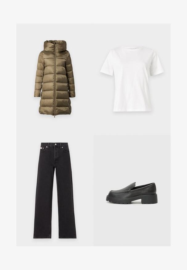 Puffer takki oliivinvihreänä, jossa on korkea kaulus, vetoketjusulku ja vaakasuora tikkikuvio. Valmistettu kiiltävästä, kevyestä materiaalista.; Valkoinen puuvillapaita lyhyillä hihoilla, pyöreällä kaula-aukolla ja rentolla istuvuudella. Sujuva rakenne, ei kuvioita tai yksityiskohtia, minimalistinen muotoilu.; Mustat leveälahkeiset farkut, jotka on valmistettu denimistä, korkeavyötäröinen malli, viisi taskua, metallinappi sulkemiseen ja kontrastivärinen ompelu.; Musta nahkakengät, joissa on pyöristetty kärki, paksu teksturoitu pohja ja vähäiset ompeluyksityiskohdat. Tyylikäs muotoilu, jossa ei ole näkyviä nauhoja tai metalliosia.