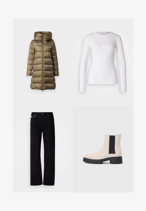 Manteau matelassé en vert olive, avec un col haut, une fermeture éclair à l'avant et un design matelassé horizontal. Fabriqué en matériau léger et brillant.; Chemise blanche à manches longues en tissu côtelé, avec un col rond et une coupe cintrée. Aucun motif ni accent présent.; Pantalons en denim noir à jambes droites avec cinq poches, rivets en argent et braguette à bouton. Le tissu a une finition lisse et légèrement texturée.; Bottine Chelsea en suède beige avec panneau latéral élastique noir, semelle épaisse noire et languette au niveau de la cheville.