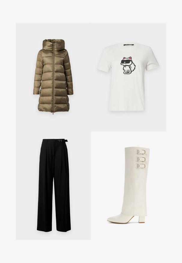 Puhasta jakna v olivno zeleni barvi, ki ima visok ovratnik, sprednji zadrgo in vodoravno prešito zasnovo. Narejena je iz sijočega, lahkega materiala.; Bela bombažna majica s kratkimi rokavi, ki prikazuje risanega mačka z rdečimi pridihom in temnimi sončnimi očali. Okrugel izrez in kratki rokavi.; Črne široke hlače z visokim pasom, gubami spredaj in pasom z zaponko. Narejene so iz gladkega, lahkega materiala.; Bela usnjena škornja do kolen z ostro konico, tremi kovinskimi zaponkami in kvadratnim blokastim peto. Gladka tekstura, minimalističen dizajn.