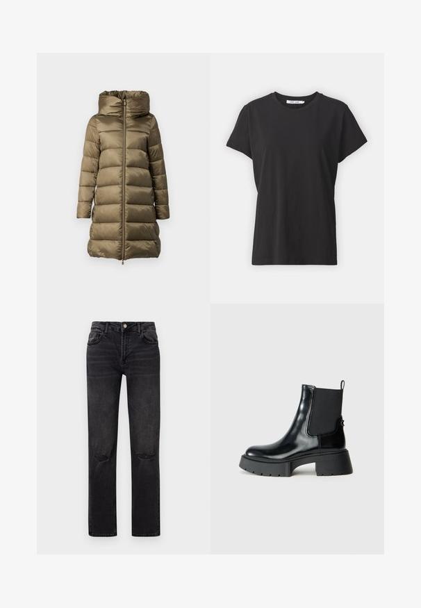 Olivegrüner Puffercoat mit hohem Kragen, Frontreißverschluss und horizontaler Steppung. Hergestellt aus glänzendem, leichtem Material.; Schwarzes Baumwoll-T-Shirt mit klassischem Rundhalsausschnitt, kurzen Ärmeln und lockerer Passform. Glatte Textur, keine sichtbaren Muster oder Akzente.; Schwarze Denim-Jeans mit geradem Bein. Zu den Merkmalen gehören zwei Fronttaschen, lädierte Knieakzente und ein Knopfverschluss.; Schwarze Knöchelstiefel aus glänzendem Leder mit elastischen Seiteneinsätzen, einem Zugtab und einer robusten Gummisohle mit strukturiertem Profil.