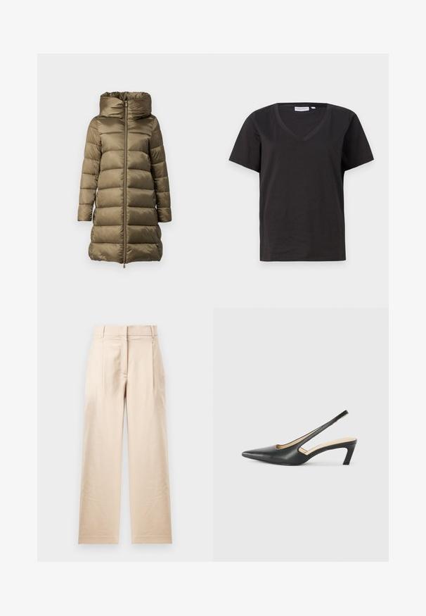 Pufferjakke i olivengrønn, med høy krage, frontglidelås og horisontal quiltet design. Laget av glansfullt, lett materiale.; Svart bomull T-skjorte med V-hals og korte ermer. Enkel design med vanlig passform og uten mønstre eller detaljer.; Beige bukser laget av glatt stoff. Har en rett kutt, flat front og to folder. Ingen synlige mønstre eller beslag.; Svart spiss tå slingback-sko med lav hæl, laget av jevnt skinnmateriale og med utskåret design på siden for pusteevne.