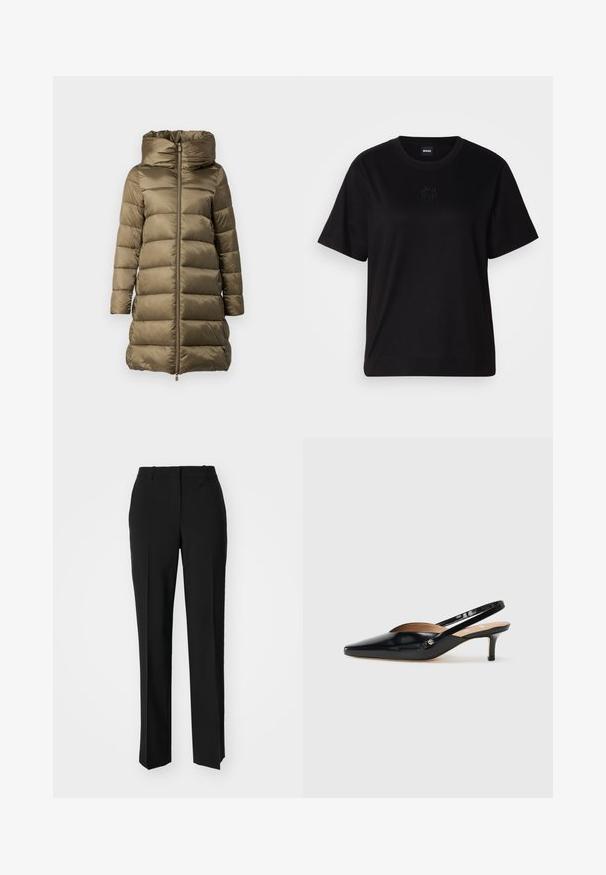 Pufferjack in olijfgroen, met een hoge kraag, rits aan de voorkant en horizontaal gestikt ontwerp. Gemaakt van glanzend, lichtgewicht materiaal.; Zwarte katoenen t-shirt met een ronde hals, korte mouwen en een geborduurd logo op de borst. Eenvoudige, comfortabele pasvorm zonder patronen.; Zwarte op maat gemaakte broek met een recht model, voorzien van een soepele textuur en scherpe plooien aan de voorkant. Geen zichtbare hardware.; Zwarte lakleren slingback pump met een puntige neus, kleine hak en een uitsnijd ontwerp op de wreef. Goudkleurige accenten aan de zijkant.