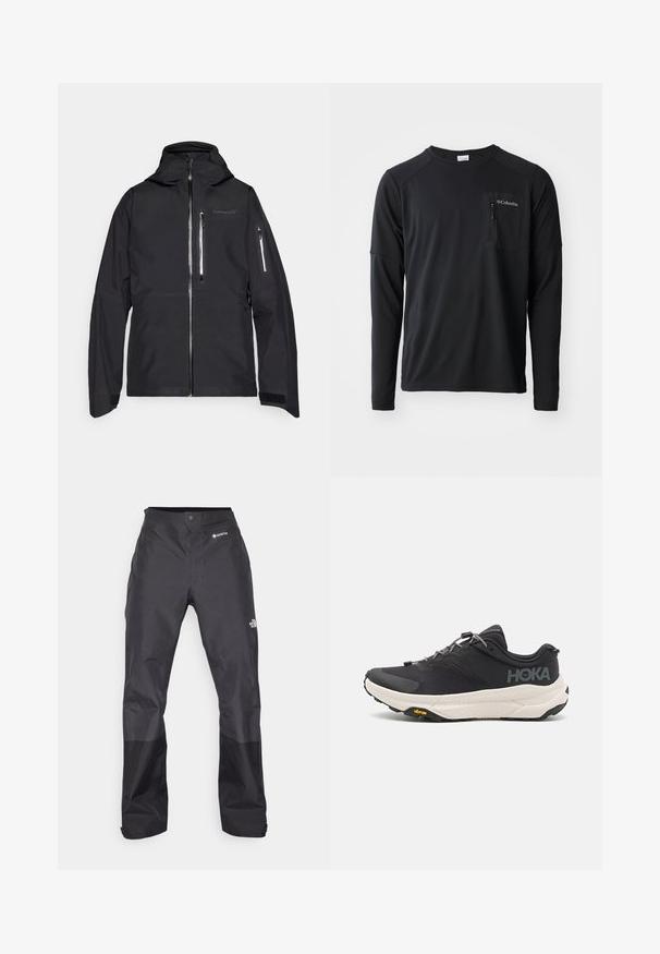 Norrøna LOFOTEN GORE-TEX JACKET - Casaco de esqui - caviar; Columbia COLUMBIA TECH™ LONG SLEEVE CREW - Camisola de manga comprida - black; Calças impermeáveis pretas com uma textura suave, apresentando um logotipo GORE-TEX na frente, e pernas inferiores reforçadas para maior durabilidade.; Sapatilha atlética preta com parte superior texturizada, detalhes cinzentos, elementos refletivos e uma sola branca espessa com a marca Vibram.