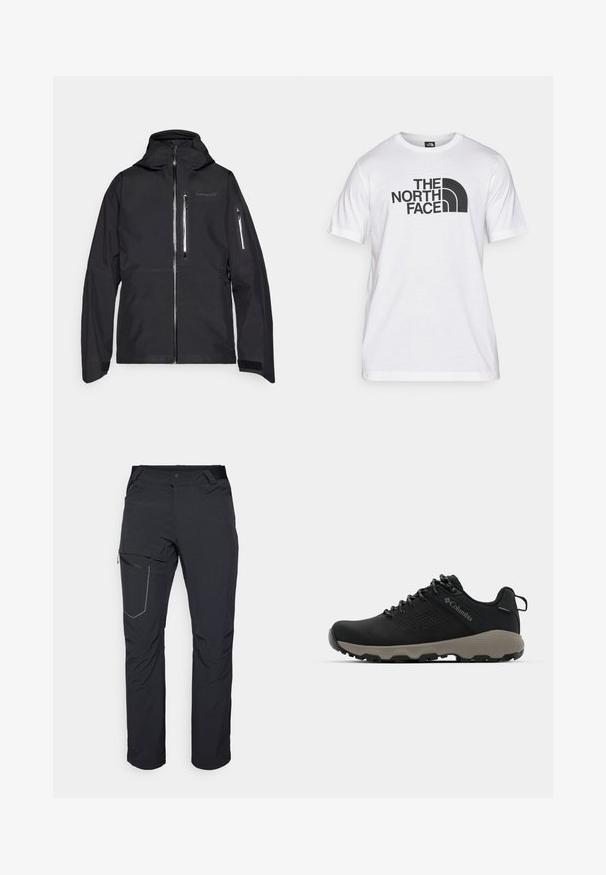 Norrøna LOFOTEN GORE-TEX JACKET - Slidinėjimo striukė - caviar; Balta medvilnės marškinėliai su juodu grafiniu spaudiniu, kuriame yra tekstas ir išlenkto logotipo dizainas. Apvalus iškirpimas ir trumpomis rankovėmis. Lygus audinys.; Juodos lauko kelnės su užtrauktuku šlaunies kišenėje, elastinga juosmeniu ir lygiu, vandens nepraleidžiančiu audiniu. Tinkama dizaino forma be matomų logotipų.; Juodas žygio batukas su lygiu viršumi, perforuotu dizainu, pilku padu ir sustiprintu kulnu. Yra raišteliai ir kilputė, skirta patogiam užsivilkimui.