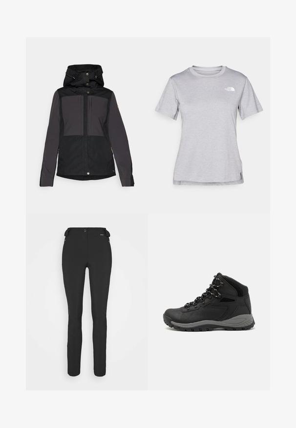 Casaco impermeável preto e cinza com capuz, apresentando fechos de botão, bolsos laterais e design em painéis. Tecido durável com uma textura suave.; T-shirt cinza de mangas curtas feito de um tecido suave e que absorve a humidade. Apresenta um decote redondo e um pequeno logotipo branco na parte superior esquerda.; Calças pretas, ajustadas, feitas de um material flexível. As características incluem um bolso lateral com fecho éclair, joelhos articulados e uma textura suave.; Bota de caminhada preta com design de cano médio, apresentando um upper texturizado, detalhes cinzentos e sola de borracha durável com cravos de tração.