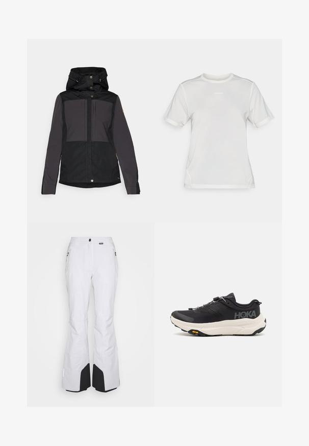 Crna i siva vodootporna jakna s kapuljačom, koja ima dugmad, bočne džepove i dizajn panela. Izdržljiv materijal s glatkom teksturom.; Bijela kratkodlana atletska majica s kratkim rukavima, okruglim izrezom i malim logotipom "Salomon" smještenim u središtu prsnog dijela.; Bijele skijaške hlače ravnog kroja, izrađene od izdržljivog materijala, sa džepovima na zatvarač i crnim detaljima na donjem dijelu nogavica.; Crne atletske cipele s prozračnom mrežicom na gornjem dijelu, gumenim potplatom, bijelim amortizirajućim srednjim dijelom i reflektirajućim vezicama. Vibram logo na potplatu.