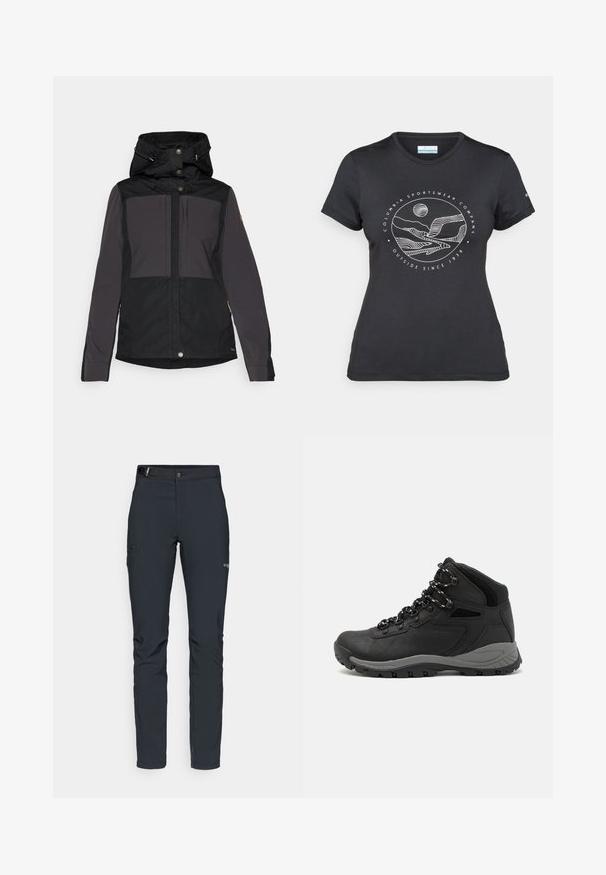 Schwarze und graue wasserdichte Jacke mit Kapuze, die über Knopfverschlüsse, Seitentaschen und ein Paneeldesign verfügt. Robustes Material mit einer glatten Textur.; Schwarzes Columbia-T-Shirt mit weißer kreisförmiger Berg- und Fluss-Linienkunst und dem Text "Columbia Sportswear Company - Draußen seit 1938."; Herren Outdoor-Hosen, dunkelgrau, aus flexiblem Material, mit einem Gürtel, Reißverschlusstaschen und verstärkten Nähten.; Schwarzer Wanderstiefel mit einem mittelhohen Design, ausgestattet mit einer strukturierten Oberfläche, grauen Akzenten und einer robusten Gummisohle mit Profilstollen.