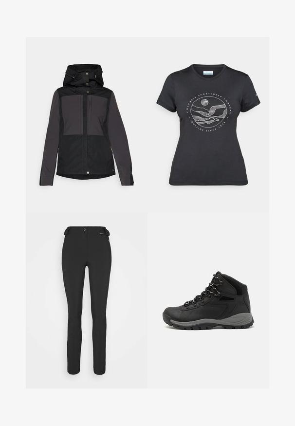 Fekete és szürke vízhatlan dzseki kapucnival, gombzárakkal, oldalsó zsebekkel és panelekkel. Tartós anyag, sima textúrával.; Fekete Columbia póló fehér, kör alakú hegy és folyó vonalrajzzal, valamint a "Columbia Sportswear Company Outside Since 1938" felirattal.; Fekete, testhezálló nadrág rugalmas anyagból. Jellemzők: cipzáras oldalzseb, artikulált térdek és sima felület.; Fekete túracipő közepes magasságú kialakítással, texturált felsőrésszel, szürke részletekkel és strapabíró gumitalppal, amelynek tapadós kiemelkedései vannak.