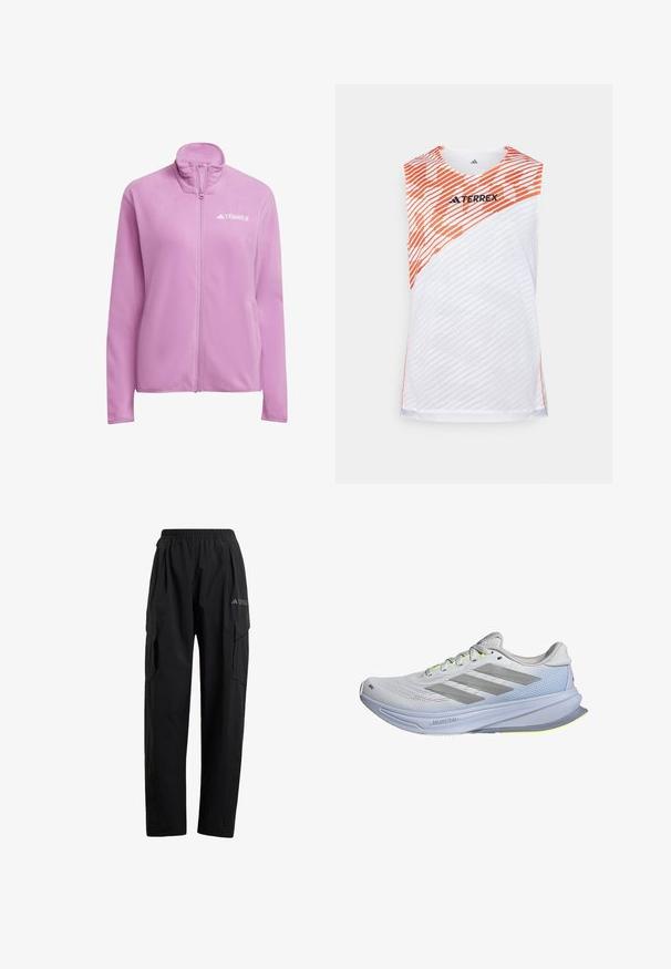 Pink fleece jacket with a high collar and zip closure. Features a logo on the chest and side pockets. Soft texture and casual fit.; White sleeveless athletic top with orange diagonal stripes, textured surface, and "TERREX" logo on the upper front.; Black cargo pants with an elastic waistband, two side pockets, and a slightly tapered leg design. Made from lightweight material.; Running shoes with a lightweight mesh upper in white, accented by gray stripes. The sole features a slight curve and neon yellow highlights.