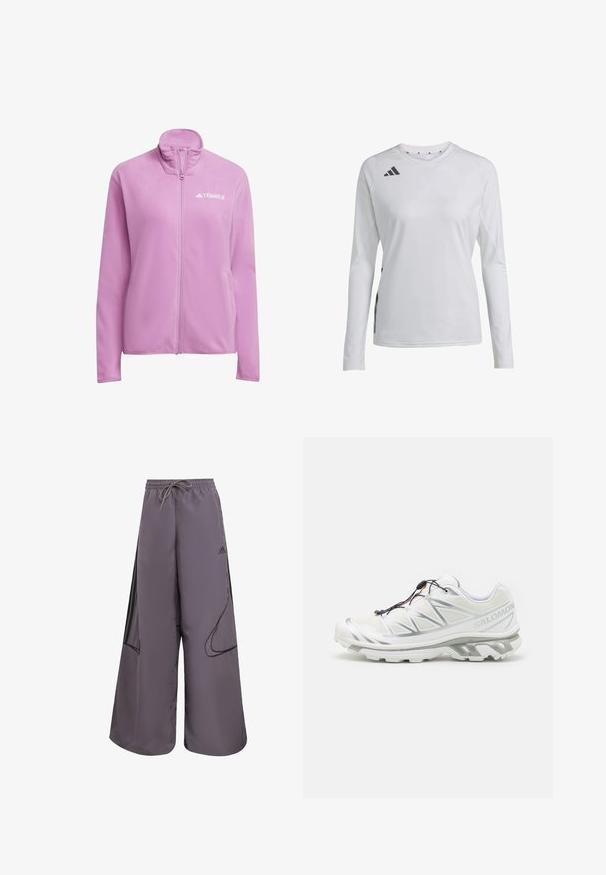 Růžová fleecová bunda s vysokým límcem a zipovým uzávěrem. Vybavena logem na prsou a bočními kapsami. Měkká textura a pohodlný střih.; Sportovní dlouhý rukáv ve bílé barvě, s kulatým výstřihem a černým logem Adidas na levém rameni a bočním akcentu.; Fialové široké kalhoty vyrobené z lehkého materiálu, s páskem na stažení, bočními kapsami, černými akcenty a detailem loga.; Bílé sportovní boty s texturovaným svrškem, reflexními detaily a šedou podešví. Vyznačují se akcentovanými trojúhelníkovými vzory a systémem rychlého šněrování.