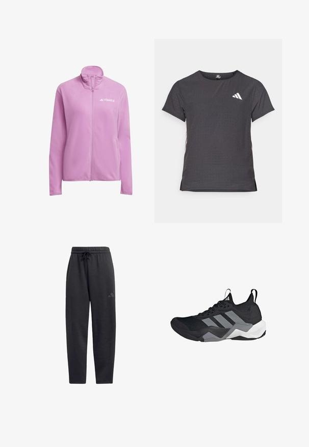 Chaqueta de forro polar rosa con un cuello alto y cierre de cremallera. Cuenta con un logotipo en el pecho y bolsillos laterales. Textura suave y ajuste casual.; Camiseta atlética de manga corta, gris oscuro con textura perforada. Presenta un logo blanco y rayas laterales en contraste. Escote redondeado.; Pantalones de chándal negros hechos de una tela suave, con una cintura elástica y cordón, piernas rectas y un logo discreto en el muslo.; Zapatilla deportiva negra con parte superior de malla transpirable, acentos grises, suela texturizada y tres distintivas franjas en el costado.