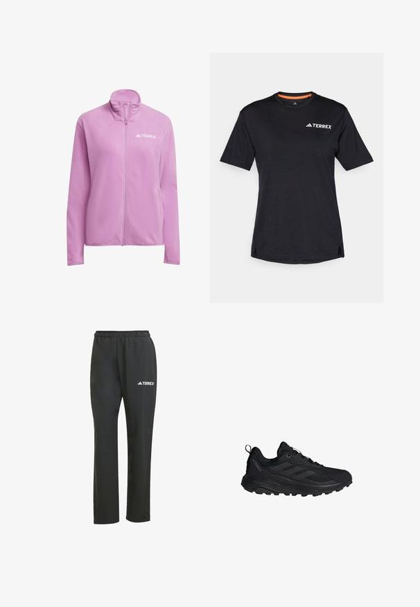 Różowa polarowa kurtka z wysokim kołnierzem i zamkiem. Posiada logo na piersi oraz boczne kieszenie. Miękka tekstura i swobodny krój.; Czarna koszulka krótki rękaw z okrągłym dekoltem, z subtelną teksturą melanżową i białym logo "TERREX" po lewej stronie na górze.; Czarne lekkie spodnie z elastycznym paskiem w talii. Posiadają subtelne białe logo "TERREX". Gładki materiał i prosty krój nogawek.; Czarne buty sportowe z siateczkową cholewką, solidną podeszwą, sznurówkami i pętlą na pięcie dla łatwego zakładania. Po boku znajdują się trzy diagonalne paski.