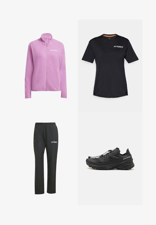 Ružový fleecový kabát s vysokým golierom a zipsovým zapínaním. Obsahuje logo na hrudníku a bočné vrecká. Mäkkučká textúra a voľný strih.; Čierne tričko s krátkym rukávom a okrúhlym výstrihom, s jemnou melírovanou textúrou a bielym logom "TERREX" na hornej ľavej strane.; Čierne ľahké nohavice s elastickým pásom. Obsahujú jemné logo „TERREX“ v bielej farbe. Hladká tkanina a strih s rovnými nohavicami.; Čierne trailové bežecké topánky s textúrovaným zvrškom, sieťovinovými panelmi a bezpečným systémom zapínania. Obsahujú robustnú podrážku pre lepšiu trakciu.