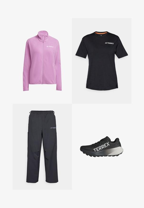 Pink fleece jacket with a high collar and zip closure. Features a logo on the chest and side pockets. Soft texture and casual fit.; Black short-sleeve T-shirt with round neckline, featuring a subtle heather texture and white "TERREX" logo on the upper left side.; Black, lightweight outdoor pants with an elastic waistband, side pockets, and a logo on the upper right leg. Smooth, water-resistant fabric.; Black running shoe with a textured upper, prominent "TERREX" logo in white, tapered sole design, and a gradient gray accent on the heel.