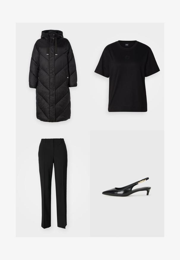 BOSS POLLY LONG - Zimski plašč - black; Črna bombažna majica s krožnim izrezom, kratkimi rokavi in izvezenim logotipom na prsih. Preprosta, sproščena silhueta brez vzorcev.; Črne krojene hlače s direktnim krojem, ki se ponašajo z gladko teksturo in ostrimi pregibi spredaj. Ni vidne kovine.; Črne usnjene sandale na peto z ostro konico, ki imajo tanko peto in zlat ton na nastavljivem traku. Gladka tekstura.