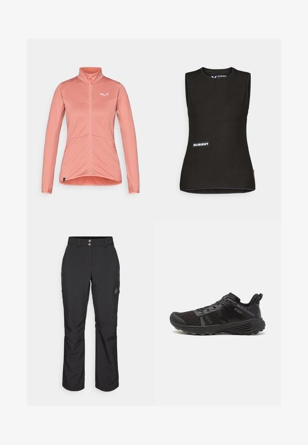Women's zip-up jacket in soft pink, featuring a high collar, textured fabric, and contrasting orange zipper accents. Two side pockets included.; Black sleeveless shirt with a textured pattern, featuring a round neckline and a "MAMMUT" logo on the front. Made of breathable material.; Black outdoor pants with a straight cut, featuring a button closure, zippered side pockets, and a logo patch on the left thigh.; Black running shoe with a textured mesh upper, reinforced toe cap, and rubber outsole. Features lacing system and logo detailing on the side.