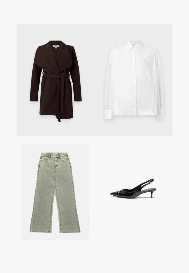 Palton maro cu centură, cu guler lat, mâneci lungi și deschidere frontală. Confecționat dintr-un material moale, cu o textură netedă.; Cămașă albă cu mânecă lungă, cu nasturi, confecționată dintr-un amestec de bumbac fin. Include o guler clasic, închidere frontală cu nasturi și manșete rotunjite.; Jeans cu picioare largi din denim gri deschis, având talie înaltă, buzunare frontale și tiv brut. Textura distrusă adaugă interes vizual.; Cizme slingback din piele neagră, cu vârf ascuțit, toc mic de tip kitten heel și un detaliu decorativ sub formă de nod în față. Textură netedă pe întreaga suprafață.