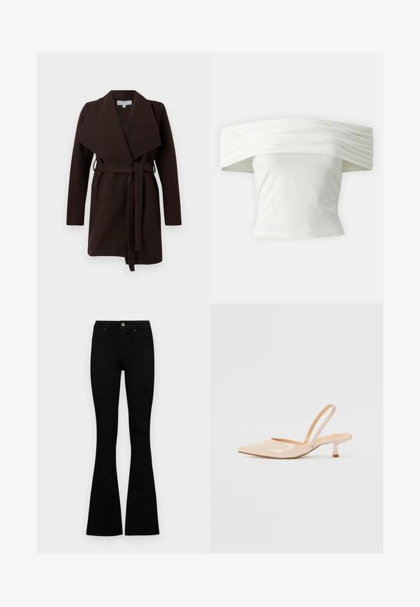 Casaco castanho com cinto, de gola larga, mangas longas e frente aberta. Feito de um tecido suave com uma textura lisa.; Top branco off-the-shoulder com decote plissado e estruturado e corpete ajustado. Feito de um tecido suave com uma textura lisa.; Jeans pretos de cintura alta com fecho de botão e zíper, bolsos frontais e pernas largas dispostos em cima de um fundo branco.; Saltos slingback em couro sintético bege com bico apontado e um salto quadrado fino. Textura suave e design minimalista sem embellishments.
