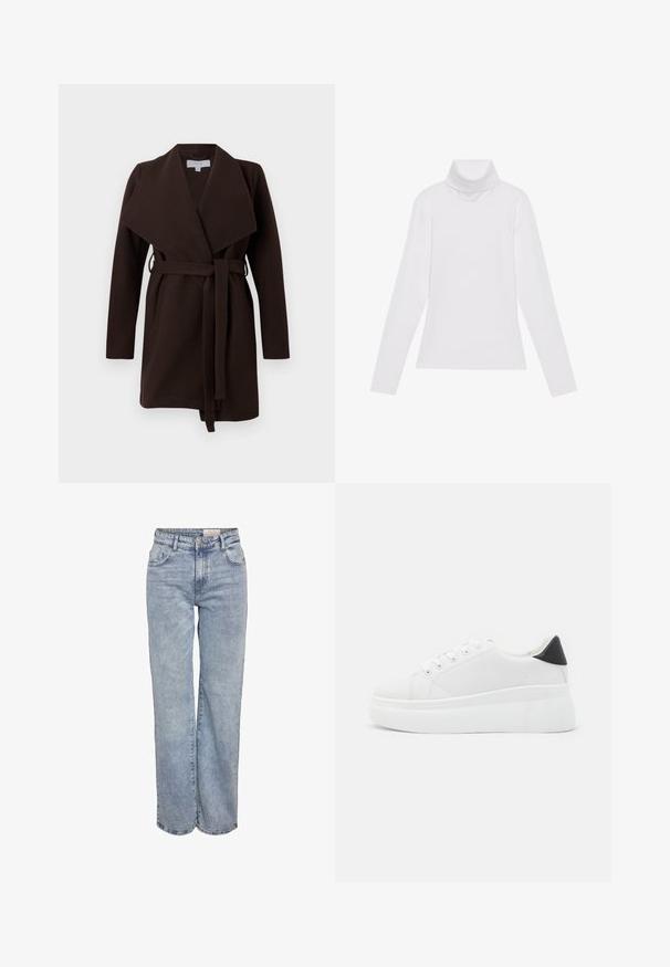 Brūns josta mētis ar platām apkaklēm, garām piedurknēm un atvērtu priekšpusi. Izgatavots no mīkstas auduma ar gludu tekstūru.; Balts garie piedurknēm turtlenecks krekls, izgatavots no gludas, elastīgas auduma. Iezīmē augstu apkakli un pielāgotu dizainu, bez redzamām rakstainām vai rotājumiem.; Gaiši zili platlapu džinsi, izgatavoti no denima, ar augstu jostasvietu, piecu kabatu dizainu un vieglu nolietojuma efektu.; Baltas platforma kedas, izgatavotas no gludas sintētiskas vielas, ar noapaļotu purngalu, saites dizainu un teksturētu gumijas zoli. Melna papēža akcenta detaļa.