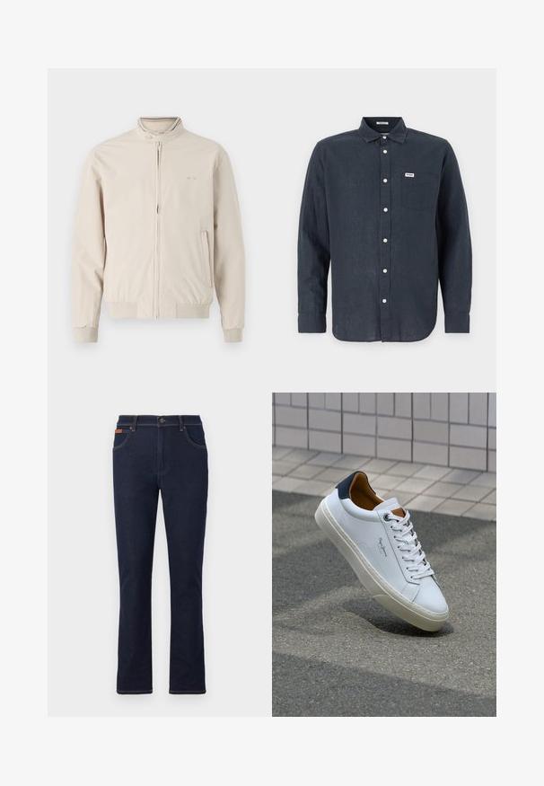 Svijetlosmeđi sako s uzdignutim ovratnikom, prednjim zatvaračem i rebrastim manžetama. Sadrži detalj s logom i bočne džepove. Glatka tekstura tkanine.; Tamna plava košulja dugih rukava od lana, s kragnom na dugme, prednjim džepom i bijelim gumbima. Wrangler logo na džepu.; Tamno plave traperice s ravnim krojem nogavica, s narančastim šavovima, pet džepova i kopčanjem na gumbe u struku.; Bijela kožna tenisica s mornarskom petom, okruglim vrhom i kontrastnim smešnim akcentima. Sadrži ravne vezice i teksturiranu gumenu potplat.